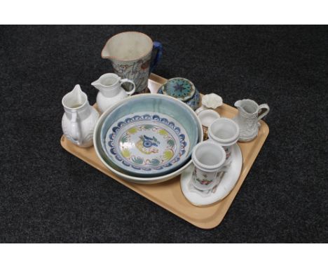 A tray of assorted pottery to include two Coalport Caughley mask head jugs, Art Deco Crown Ducal jug, two hand painted bowls,