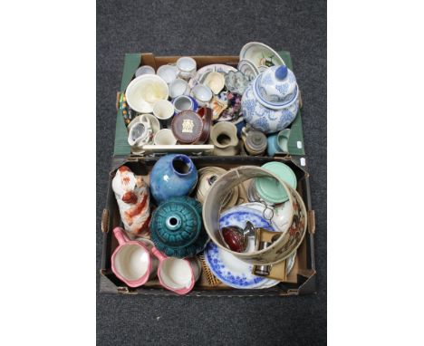 Two boxes of assorted china, oriental tea services, beer steins, blue and white lidded vase, pottery lamp bases, Staffordshir
