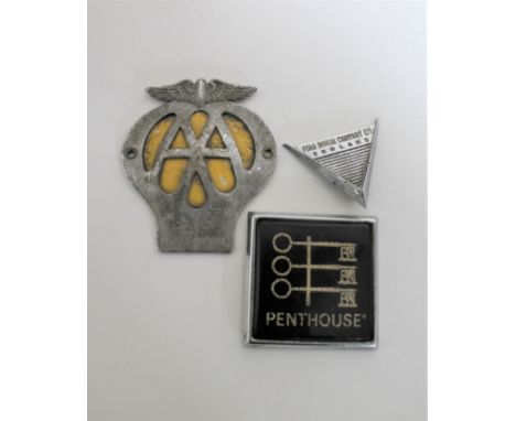 Three vintage car badges - AA, Ford and Penthouse