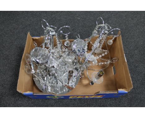 A box of two contemporary chrome five way light fittings with glass drops, ceiling light with glass drops 