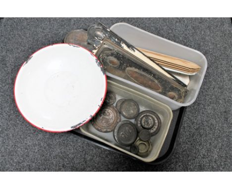 A set of kitchen scales and weights, box of antique and later door finger plates 