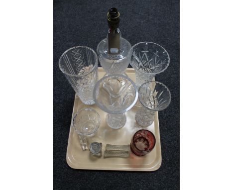 A tray of assorted glass and lead crystal, table lamp, vases, knife rests, ink well 