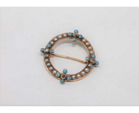 A 15ct gold turquoise pearl and diamond brooch