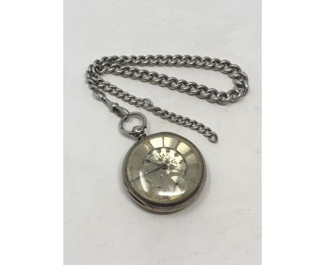 A silver dial antique silver pocket watch on heavy silver Albert chain