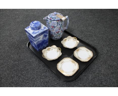 A Ringtons Maling blue and white water jug together with a Ringtons willow pattern tea caddy and a pair of Noritake twin-hand