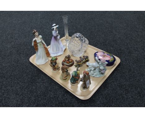 A tray of lead crystal, Lladro figure- Swan, Moorcroft trinket dish (a/f), Goebel and Border Fine arts figures 