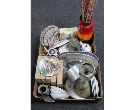 Two boxes of antique blue and white meat plates, paraffin lamp, West German vase, collector's plates, Ringtons china etc 
