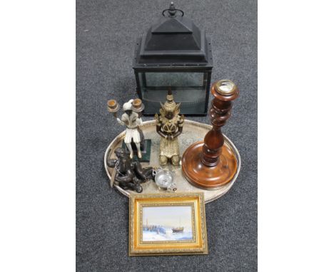 A silver plated twin-handled gallery tray together with a pewter twin-handled shallow dish, wooden candlestick, oil on board,