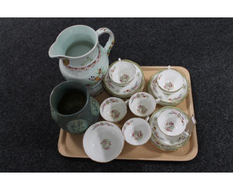 A tray containing twenty-one pieces of Hammersley floral tea china together with an Adams Calyx ware floral jug and a pottery
