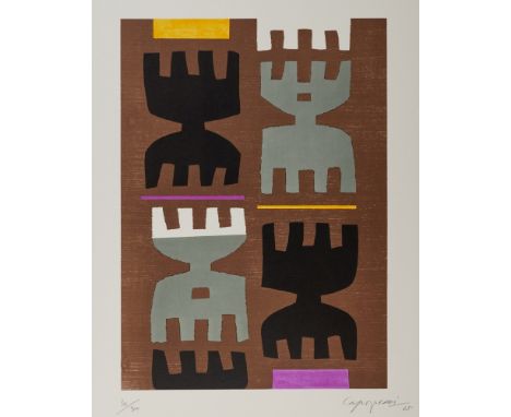 Giuseppe Capogrossi1900 Rom - 1972 Rom - Composizione - (1965) Farbholzschnitt/Papier. 30/300. 50,5 x 36,4 cm, 72,5 x 56,5 cm
