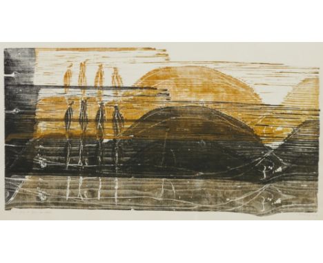 Gerhard Altenbourg1926 Rödichen - 1989 Meißen - "In der Ferne die Flügel des Lichts" - Farbholzschnitt/Papier. 1/3. 29 x 55,8