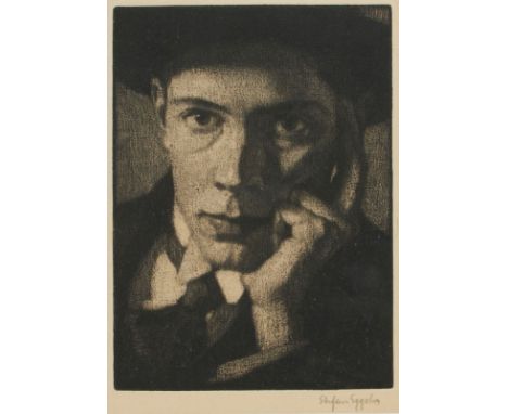 Stefan Eggeler1894 Wien - 1969 Wien - Selbstbildnis mit schwarzem Hut - Mezzotintoradierung/Papier. 16,3 x 11,8 cm, 18 x 13 c