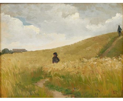 Künstler des 20. Jahrhunderts- Zwei Wanderer in den Feldern - Öl/Lwd. 22,5 x 29 cm. Monogr. r. u.: ES (?). Rahmen.