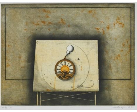 Friedrich Meckseper1936 Bremen - 2019 Berlin - "Tisch mit Uhr" - Farbradierung/Papier. 104/150. 29,5 x 39 cm, 44 x 59,5 cm.  