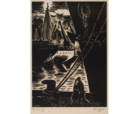 Frans Masereel1889 Blankenberge - 1972 Avignon - "Quai. Le soir" - (1970) Holzschnitt/Papier. 27/100. 45 x 31,8 cm, 64,7 x 49
