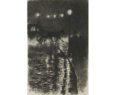 Franz Skarbina1849 Berlin - 1910 Berlin - "Droschke im Regen" - Radierung/Papier. 19,8 x 14 cm, 22,5 x 17 cm (Passepartoutaus