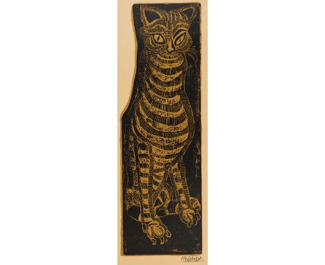 Otto Pankok1893 Mühlheim/Ruhr - 1966 Wesel - Gestreifte Katze - Farbholzschnitt/chamoisfarbenes Papier. 51,3 x 16,4 cm, 65,6 