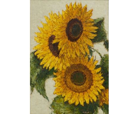 Robert Koepke1893 Bremen - 1968 Frankenburg - Sonnenblumen - Öl/Bristolkarton. 40,5 x 28,7 cm. Sign. r. u.: R. Koepke. Ziehrr