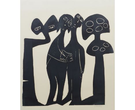 HAP Grieshaber1909 Rot an der Rot - 1981 Eningen/Achalm - "Bedrohtes Paar" - (1964) Holzschnitt/Papier. 64/100. 56,5 x 57 cm,