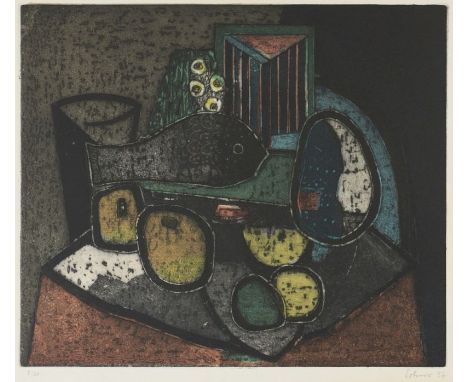 Kurt Sohns1907 Barsinghausen - 1990 Hannover - Stillleben - Farbige Aquatintaradierung/Papier. 1/20. 31,8 x 37,2 cm, 39,2 x 4