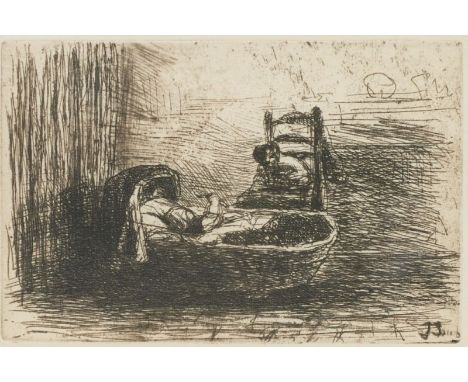 Jozef Israels1824 Groningen - 1911 Den Haag - "Kind in der Wiege" - Radierung/Papier. 10 x 15 cm, 13 x 18,5 cm (Passepartouta