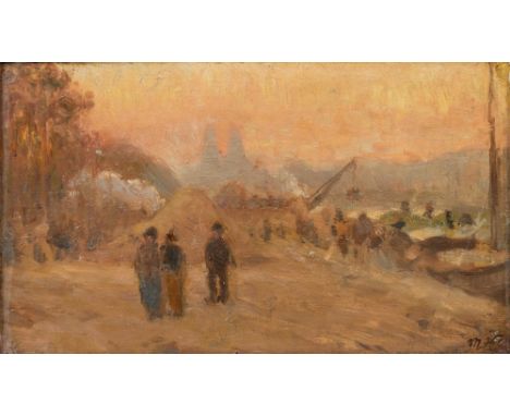 Kuenstler des 19. Jahrhunderts.- "Am Kai" - Öl/Karton. 19 x 31,5 cm. Monogr. r. u.: (unlesbar). Ziehrrahmen. Leichte Farbverl