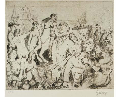 Karl Hubbuch1891 Karlsruhe - 1979 Karlsruhe - "Merkwürdiger Sonntag" - (1921) Radierung/Papier. 50/100. 27 x 32,5 cm, 38,2 x 