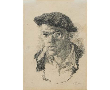 Werner Tübke1929 Schönebeck - 2004 Leipzig - Selbstbildnis mit Malerkappe - Kohle und Graphit/Papier. 29,8 x 21,3 cm. Sign. r