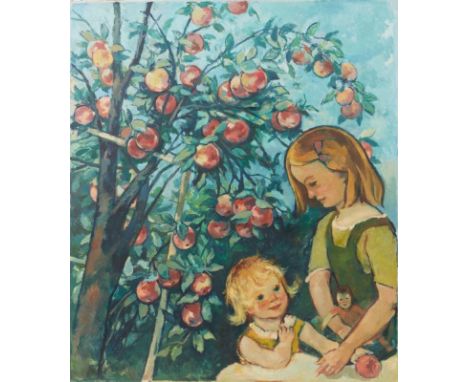 Otto Schubert1892 Dresden - 1970 - Kinder am Apfelbaum - Öl/Lwd. 111 x 95,6 cm. Sign. l. u.: Otto Schubert. Leichte Farbverlu