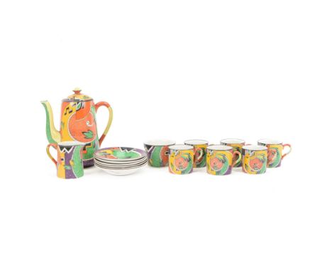 Royal Winton Jazz pattern coffee set, circa 1925, decorated with printed scroll and cubist motifs in yellow, green and red to