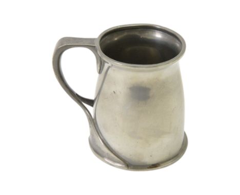 Liberty & Co Tudric pewter tankard, designed by Oliver Baker, model No.066, with a flared rim and whiplash scroll handle, sta