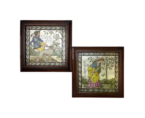Pair of Victorian tiles, the first depicting a man with a pair of hunting dogs, the other a woman playing croquet each within