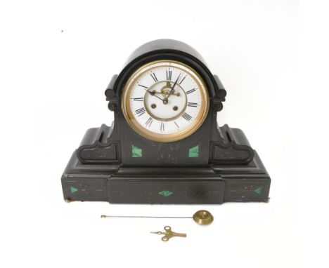 French- Belgium slate mantle clock c1880, drum movement case with voluted side supports and incised gilt decoration with cont