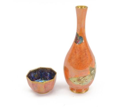 Wedgwood Fairyland lustre bowl octagonal form with mottled orange exterior decorated with gilt animals and blue purple mottle