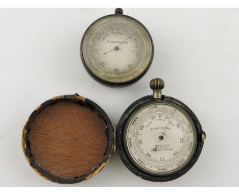 An early 20th century pocket barometer by Robson & Co. Newcastle, in a hard case, together with another incorporating a compa