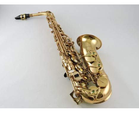 A Berkley alto saxophone, with a brass body, faux mother-of-pearl keys and a hard case.