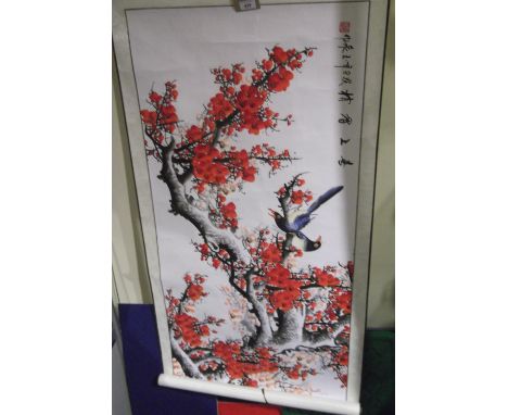 A Chinese watercolour scroll of birds on a blossoming bow, L. 160cm.