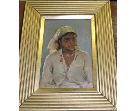 B Marc, (20th Century, Continental School) Portrait of a peasant girl, oil on canvas, signed lower left, 25cm x 17cm, framed.
