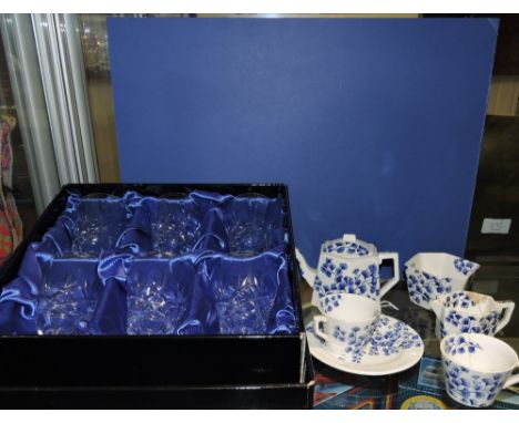 A Victorian Ridgeway six piece miniature part tea service and a set of six cut glass wines.