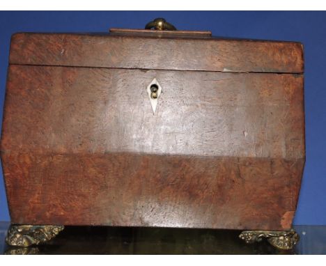 A Regency burr oak sarcophagus tea caddy with ivory escutcheon.