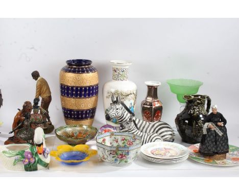 Collection of various ceramics, to include a tall Chinese vase, a large Doulton style vase, zebra figure group, a vase decora