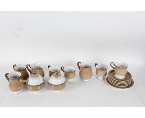 Quantity of Denby mugs and saucers, and two lidded preserve pots (qty)