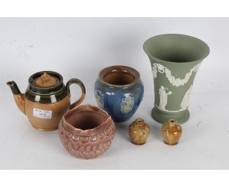 Small Royal Doulton stoneware teapot, together with a Royal Doulton blue glazed pot, a Doulton Lambeth pot, pair of miniature