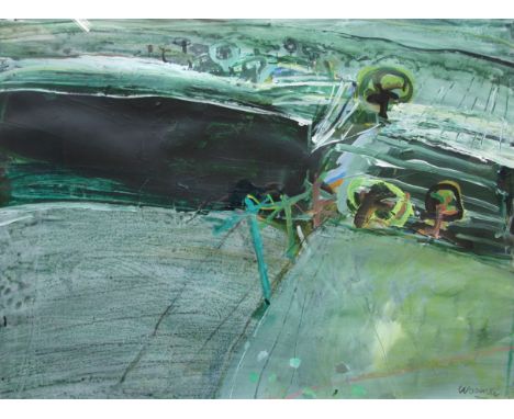 Robert Woolner (b.1946),&nbsp;'Abstract, Across the fields', signed mixed media, 56 x 75cm, titled Alpha House Gallery label 