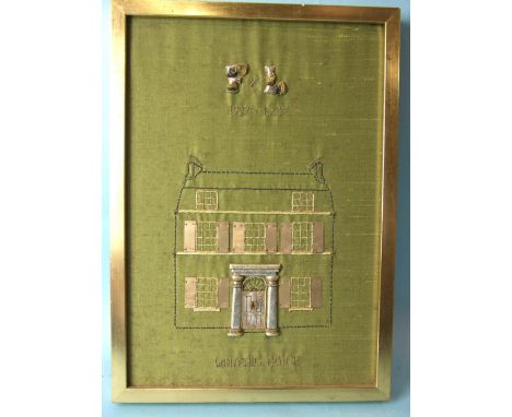 An unusual 20th century embroidered gold and needlework sampler depicting "Whitehill House" and bearing dates 1927-1977, the 