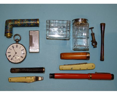 A silver key-wind pocket watch, a Parker Duofold 'Lucky Curve' fountain pen, a cloisonné parasol handle and miscellaneous ite