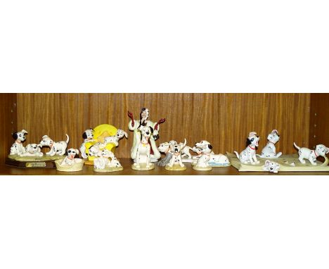 A collection of Royal Doulton '101 Dalmatians' figurines, including 'Cruella Deville' DM1 (boxed), 'Penny' DM2, 'Penny &amp; 