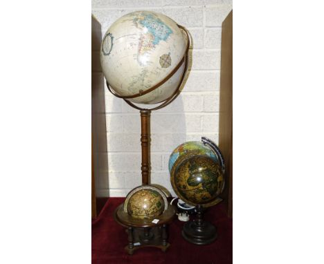 A Replogle 16'' diameter globe rotating on a hinged support, turned wood column and metal base, approximately 98cm high, (sli