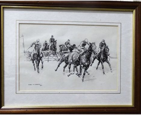 Mabel Augusta Kingwell (1890-1924), 'Away from The Hurdle', a signed pen and ink drawing dated 1920, 20 x 30cm, the reverse h