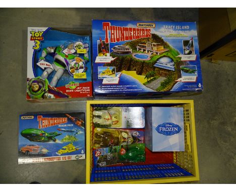 A Matchbox Thunderbirds Tracy Island electronic play set, a Matchbox Thunderbirds Rescue Pack, a Disney Pixar Jet Pack Buzz L